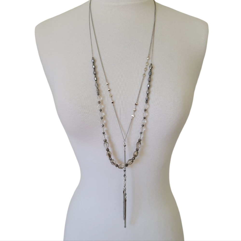 Bundle 2 Piece Necklace Set Silver Tone Y Drop & Smokey Crystal Slide Layering